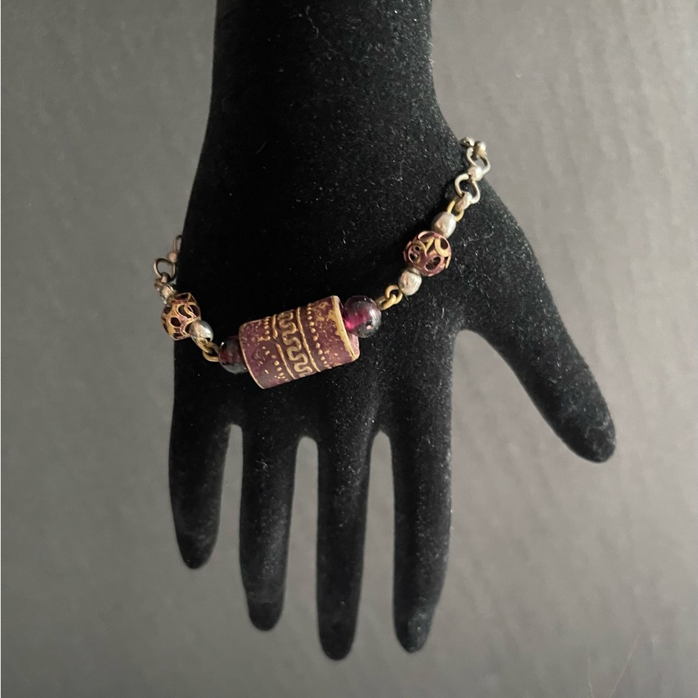 Vintage Red Cylinder Bead Silver & Gold Toned Chain Bracelet